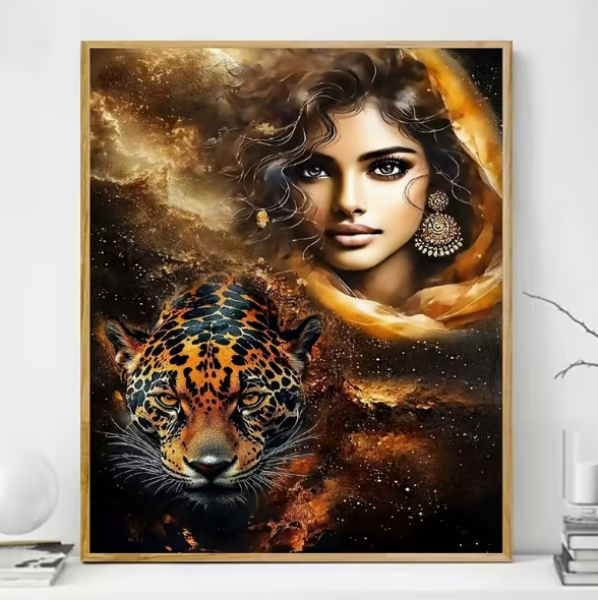 Diamond Painting Frau mit ihrem Leopard